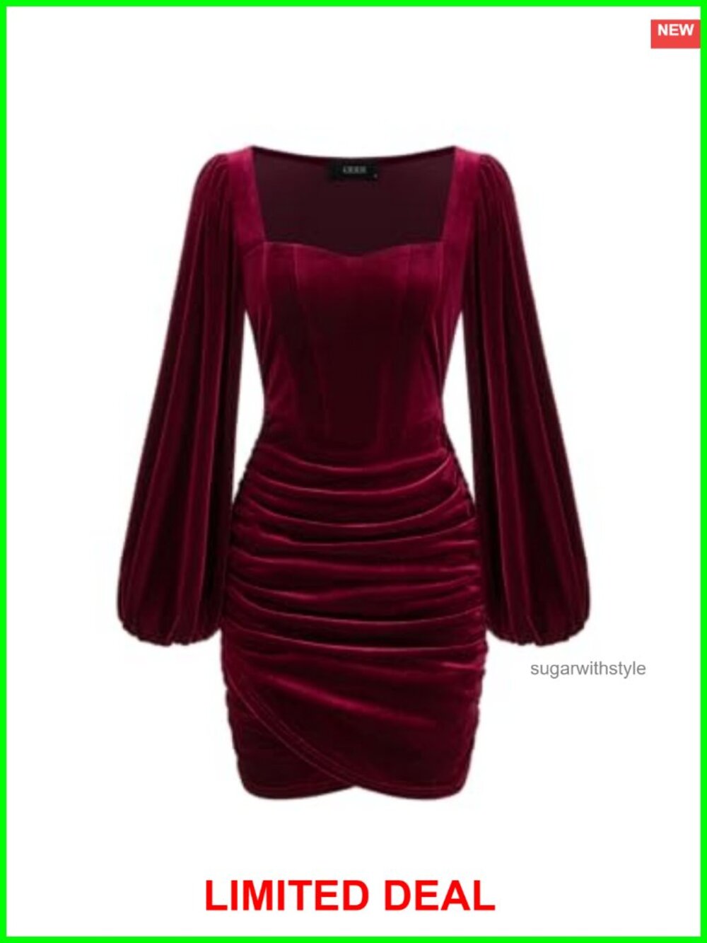 Velvet Bodycon Mini Dress Ruched Square Neck Long Sleeve Party Club